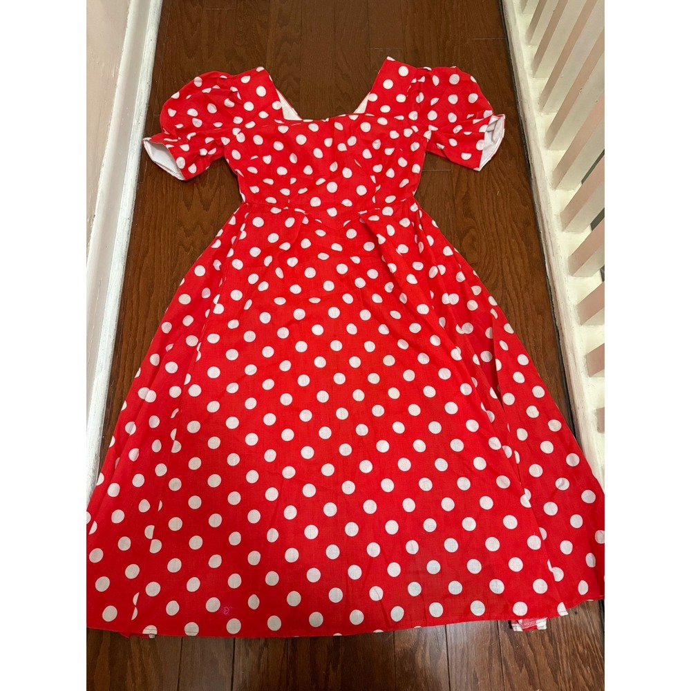 Vintage‎ Style Red Polka Dot Puff Sleeve Midi Dress Rockabilly Pinup Sweetheart